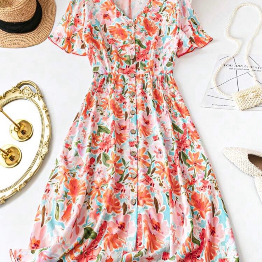 LAST CHANCE! SHEIN Pink and Green Ruffled Tiered Sundress